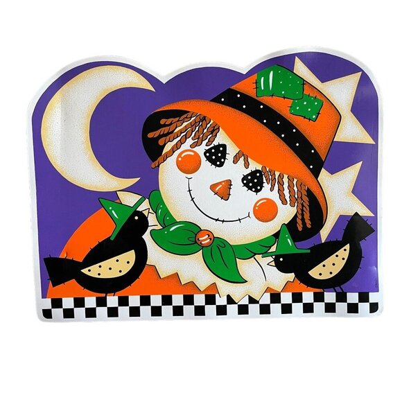 Vintage 90s Halloween Scarecrow Crow Moon Vinyl Placemats Set of 3 - Picture 2 of 5